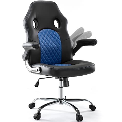 OLIXIS PU Leather Executive Swivel Computer Desk Chair with Flip-up Armrests and Lumbar Support for Working, Studying, Gaming, Blue