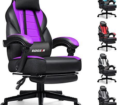 Purple Gaming Chair, Leather Computer Desk Chair with Footrest and Headrest, Ergonomic Heavy Duty Design, Large Size High-Back E-Sports, Big…