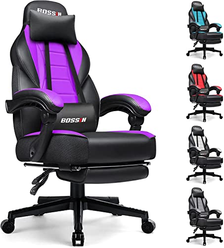 Purple Gaming Chair, Leather Computer Desk Chair with Footrest and Headrest, Ergonomic Heavy Duty Design, Large Size High-Back E-Sports, Big…