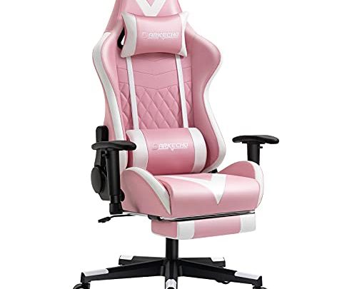 Darkecho Pink Gaming Chair with Footrest Massage Racing Office Computer Ergonomic Chair Leather Reclining Video Game Chair Adjustable Armrest High…