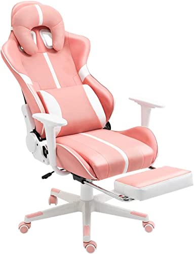 Pink Gaming Chair with Headrest and Lumbar Support for Girls and Teens, Office Computer Chair Gamer Chair with Footrest, Racing…