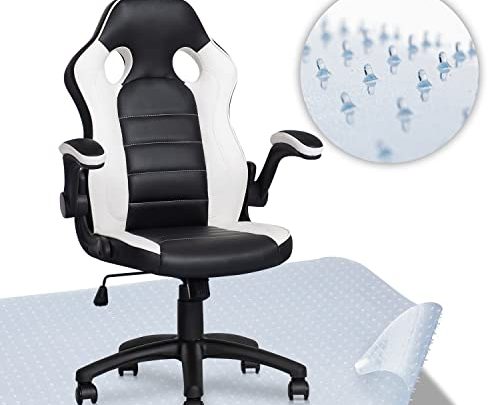MoNiBloom Ergonomic Computer Racing Style Gaming Chair w/High-Back and Armrests, White + Heavy Duty Chair Mat for Carpeted Floor for…