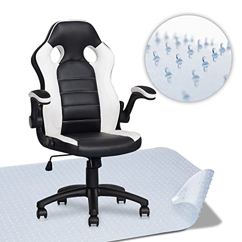 MoNiBloom Ergonomic Computer Racing Style Gaming Chair w/High-Back and Armrests, White + Heavy Duty Chair Mat for Carpeted Floor for…