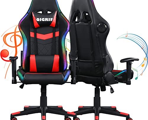 RGB Gaming Chair with Bluetooth Speakers LED Lights, Ergonomic Computer Desk Chair, Music Video Office Chair for Adults (LED+Red)