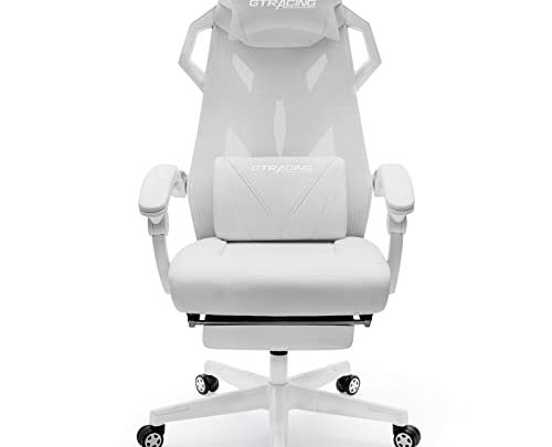 GTRACING Gaming Chair, Computer Chair with Mesh Back, Ergonomic Gaming Chair with Footrest, Reclining Gamer Chair with Adjustable Headrest and Lumbar Support for Gaming and Office, White