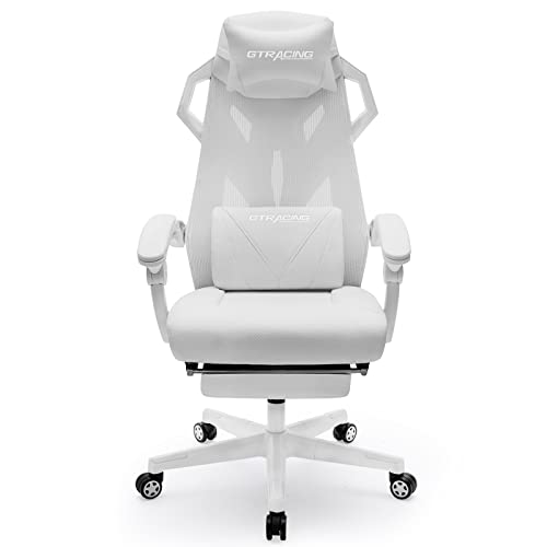 GTRACING Gaming Chair, Computer Chair with Mesh Back, Ergonomic Gaming Chair with Footrest, Reclining Gamer Chair with Adjustable Headrest and Lumbar Support for Gaming and Office, White