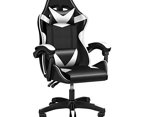 Simple Deluxe Gaming Chair, Office High Back Computer Ergonomic Adjustable Swivel Chair with Headrest and Lumbar Support,440lb Capacity, White/Black
