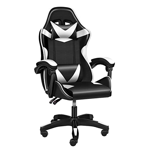 Simple Deluxe Gaming Chair, Office High Back Computer Ergonomic Adjustable Swivel Chair with Headrest and Lumbar Support,440lb Capacity, White/Black