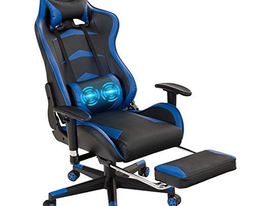 POWERSTONE Massage Gaming Chair with Footrest – Ergonomic Office Computer Game Racing E-Sports Chair Lumbar Massage Pillow Footrest Headrest High-Back…