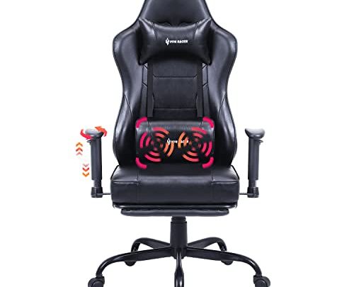 VON RACER Massage Gaming Chair with Footrest – Racing Desk Office Chair with Retractable Footrest and 2D Armrests, High Back…