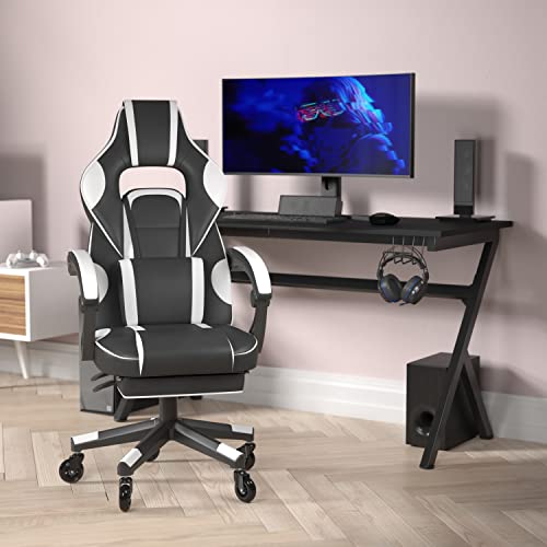 Flash Furniture Gaming Racing Computer Chair with Fully Reclining Back/Arms and Transparent Roller Wheels, Slide-Out Footrest, X40, White