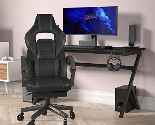 Flash Furniture Gaming Racing Computer Chair with Fully Reclining Back/Arms and Transparent Roller Wheels, Slide-Out Footrest, X40, Black/Gray