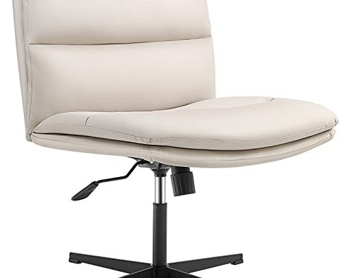 EMIAH Armless Office Desk Chair No Wheels PU-Padded Vanity Chair Mid-Back Ergonomic Home Office Computer Chair Comfortable Adjustable Swivel Task…