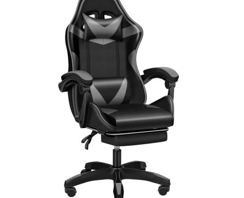 YSSOA FNGAMECHAIR01 Gaming Office High Back Computer Ergonomic Adjustable Swivel Chair with Headrest and Lumbar Support, with footrest, 400lb Capacity,Black/Grey