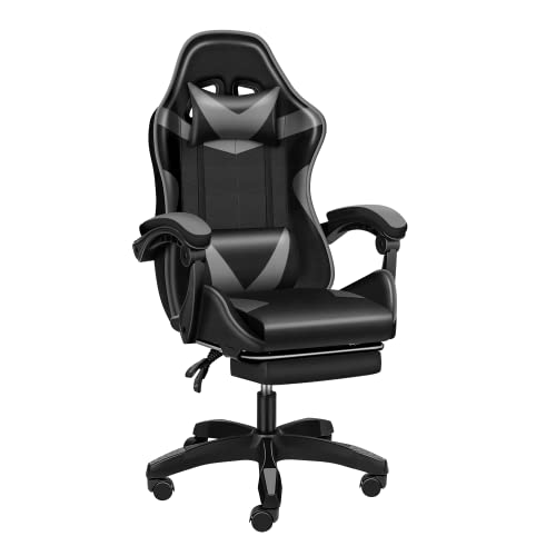 YSSOA FNGAMECHAIR01 Gaming Office High Back Computer Ergonomic Adjustable Swivel Chair with Headrest and Lumbar Support, with footrest, 400lb Capacity,Black/Grey
