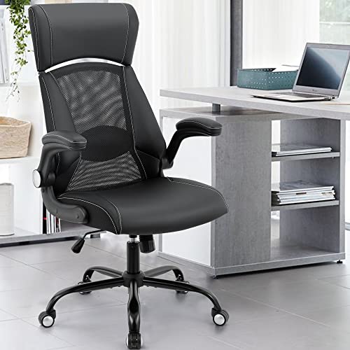 Ergonomic Office Chair, High Back Desk Executive Chair with Widened Headrest &Flip Up Arms, Headrest Height Adjustable, Black
