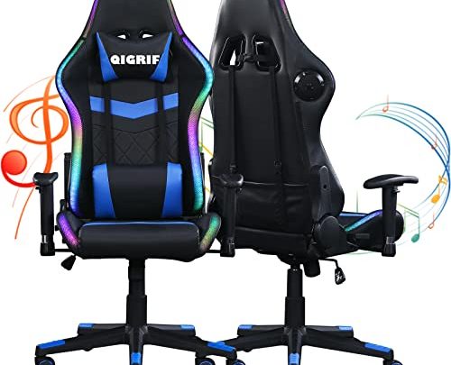 RGB Gaming Chair with Bluetooth Speakers LED Lights, Ergonomic Computer Gamers Chair, Music Video Office Chair for Adults, (LED+Blue)