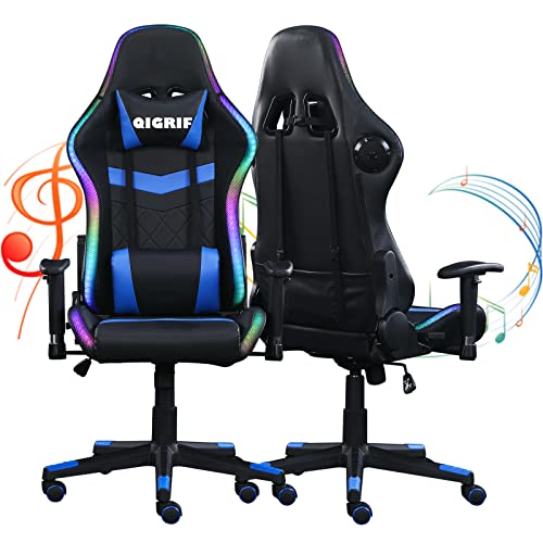 RGB Gaming Chair with Bluetooth Speakers LED Lights, Ergonomic Computer Gamers Chair, Music Video Office Chair for Adults, (LED+Blue)