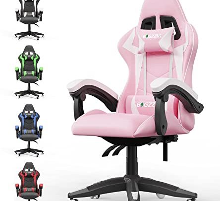 Bigzzia Pink Gaming Chair, Reclining High Back PU Leather Office Desk Chair with Headrest and Lumbar Support, Adjustable Swivel Rolling…