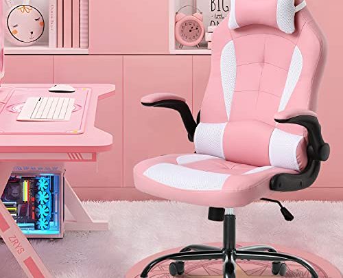Gaming Chair for Adult, Kids Pink Office Desk Chair Ergonomic High Back Computer Chair with Lumbar Support Flip-up Arms Headrest…