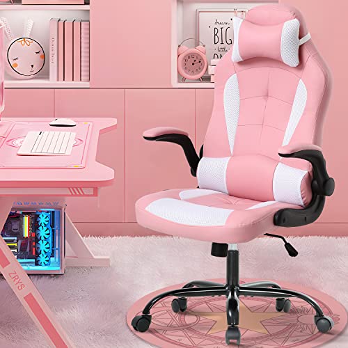 Gaming Chair for Adult, Kids Pink Office Desk Chair Ergonomic High Back Computer Chair with Lumbar Support Flip-up Arms Headrest…