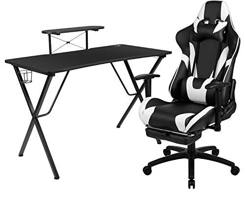 Flash Furniture Black Gaming Desk and Black Footrest Reclining Gaming Chair Set with Cup Holder, Headphone Hook, and Monitor/Smartphone Stand