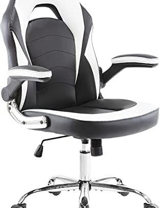 ZUNMOS Home Gaming Ergonomic Office Flip-up Armrest and Height Adjustable Desk Splicing PU Leather Computer Chair with Lumbar Support, White