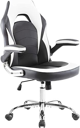 ZUNMOS Home Gaming Ergonomic Office Flip-up Armrest and Height Adjustable Desk Splicing PU Leather Computer Chair with Lumbar Support, White