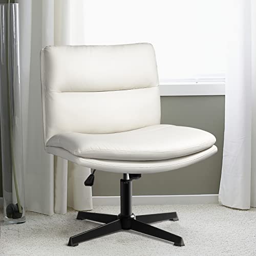 LEMBERI PU Leather armless Office Desk Chair no Wheels,Criss Cross Home Office Chair, Wide Padded Swivel Vanity Chair,120°Rocking Mid Back…