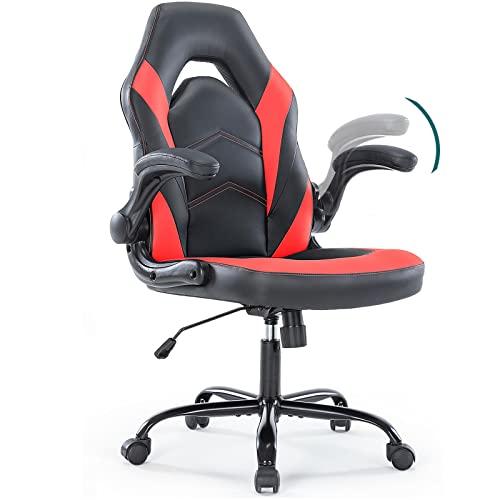 Gaming Chair Computer Desk Chair Leather Gamer Chair with Wheels/Flip-up Arms, Ergonomic Game Chair Executive Home Office Desk Chair Red…