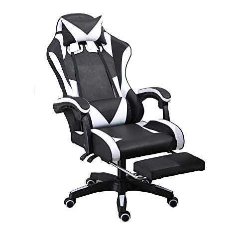 Ergonomic Gaming Chair, Comfortable Gaming Chair with Footrest, Computer Chair Leather Desk Chair Mesh Adjustable Swivel Gaming Office（Black/White）