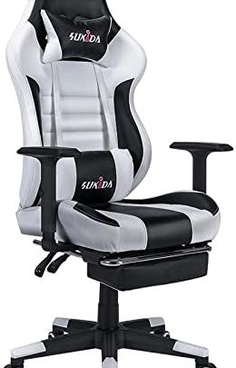 SUKIDA Gaming Chair with Footrest Adjustable Massage Lumbar Cushion Office Chair Swivel Rocker Recliner Leather High Back Ergonomic Computer Desk…