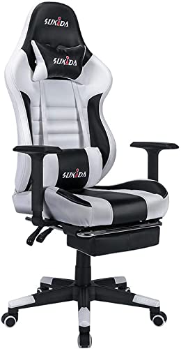 SUKIDA Gaming Chair with Footrest Adjustable Massage Lumbar Cushion Office Chair Swivel Rocker Recliner Leather High Back Ergonomic Computer Desk…