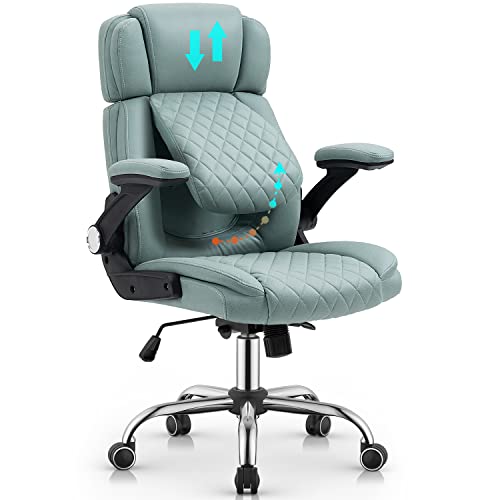 YAMASORO Executive Office Chair High Back Ergonomic Leather Computer Desk Chairs with Wheels and Flip-up Arms Adjustable Headrest Lumbar Support,Blue