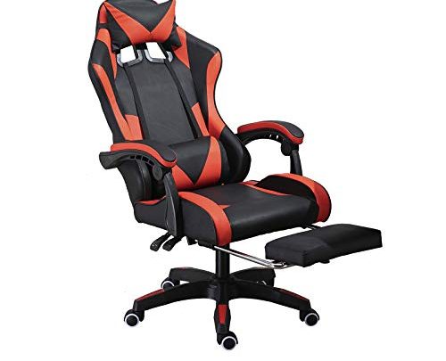 Ergonomic Gaming Chair, Comfortable Gaming Chair with Footrest, Computer Chair Leather Desk Chair Mesh Adjustable Swivel Gaming Office（Black/red）