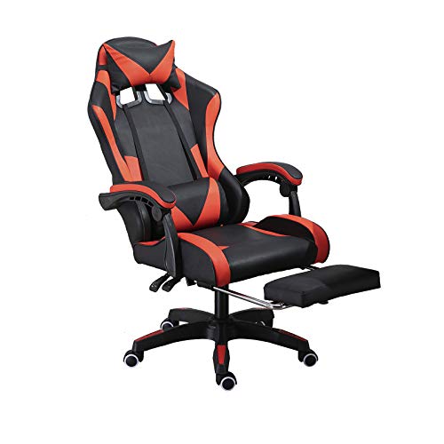 Ergonomic Gaming Chair, Comfortable Gaming Chair with Footrest, Computer Chair Leather Desk Chair Mesh Adjustable Swivel Gaming Office（Black/red）