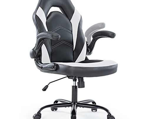 Office Chairs – Ergonomic Gaming Executive Desk Chairs with Flip-up Armrests and Lumbar Support, Adjustable Swivel Rolling Chair, White
