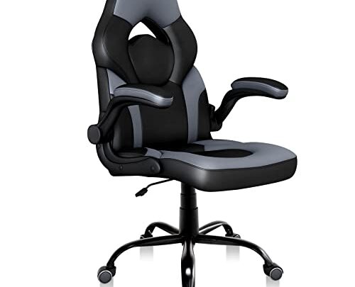 Office Gaming Chair with Flip-up Armrests, Ergonomic Computer Game Chair Bonded Leather Swivel Desk Chair Adjustable Height Comfortable Upholstered Armrests(Gray)