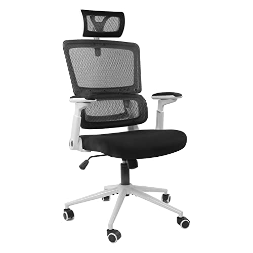 Modern-Depo Office Desk Chair Ergonomic Height Adjustable Swivel Computer Mesh Chair Task Chair with Headrest, Lumbar Support, Flip-up Armrest, White