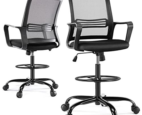 Tall Office Drafting Chair with Ergonomic Lumbar Support Armrests Standing Desk Chair with Adjustable Foot Ring Breathable Mesh, Comfortable Padded…