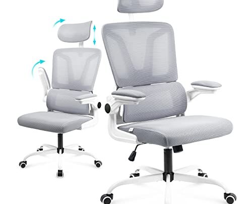 Soontrans Grey Ergonomic Office Chair with Adjustable Arms, Mesh Office Chair with Lumbar Support, 2D Headrest Office Desk Chair, Rocking…