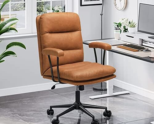 DICTAC Leather Office Chair Brown Desk Chair Mid Century Office Chair with Arms, Adjustable Back 40°, Capacity 400lbs