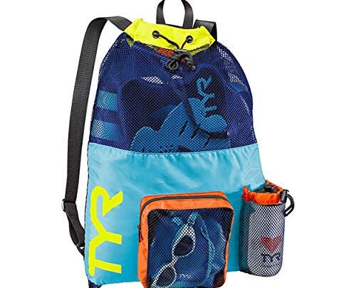 TYR Big Mesh Mummy Backpack for Wet Swimming, Gym, and Workout Gear, Blue/Yellow