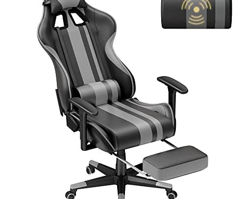 Soontrans Grey Gaming Chair with Footrest, Leather Ergonomic Gaming Chairs for Adults with Massage Lumbar Support & Headrest for Office…
