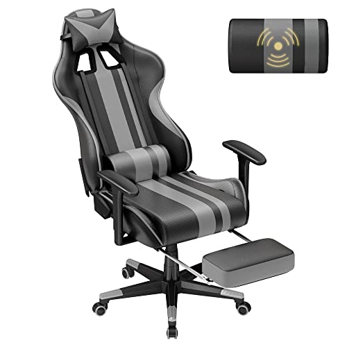 Soontrans Grey Gaming Chair with Footrest, Leather Ergonomic Gaming Chairs for Adults with Massage Lumbar Support & Headrest for Office…