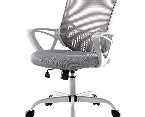 Sweetcrispy, Ergonomic Home Office Desk, Mid Back Mesh Computer, Cute Swivel Rolling Task Chair with Lumbar Support and Armrests, Grey