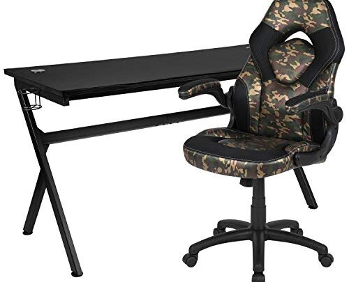 Flash Furniture Gaming Desk and Camouflage/Black Racing Chair Set /Cup Holder/Headphone Hook/Removable Mouse Pad Top – 2 Wire Management Holes