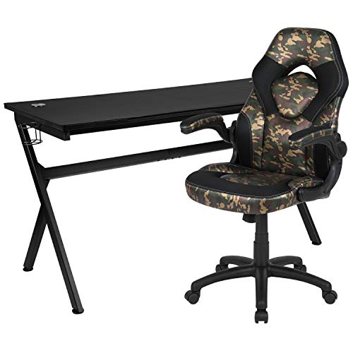 Flash Furniture Gaming Desk and Camouflage/Black Racing Chair Set /Cup Holder/Headphone Hook/Removable Mouse Pad Top – 2 Wire Management Holes