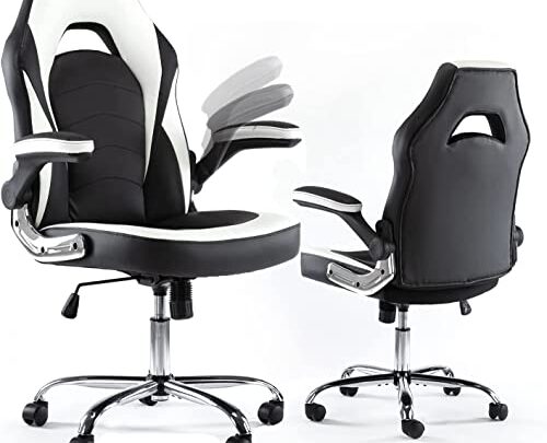 Gaming Chair Ergonomic High Back Computer Chair Height Adjustable Desk Chair with Flip-up Armrest Faux PU Leather Chair, White