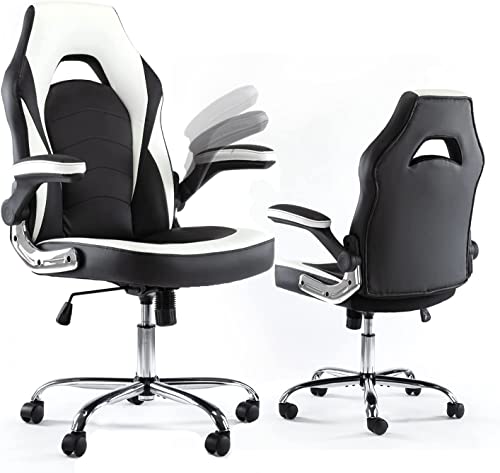 Gaming Chair Ergonomic High Back Computer Chair Height Adjustable Desk Chair with Flip-up Armrest Faux PU Leather Chair, White